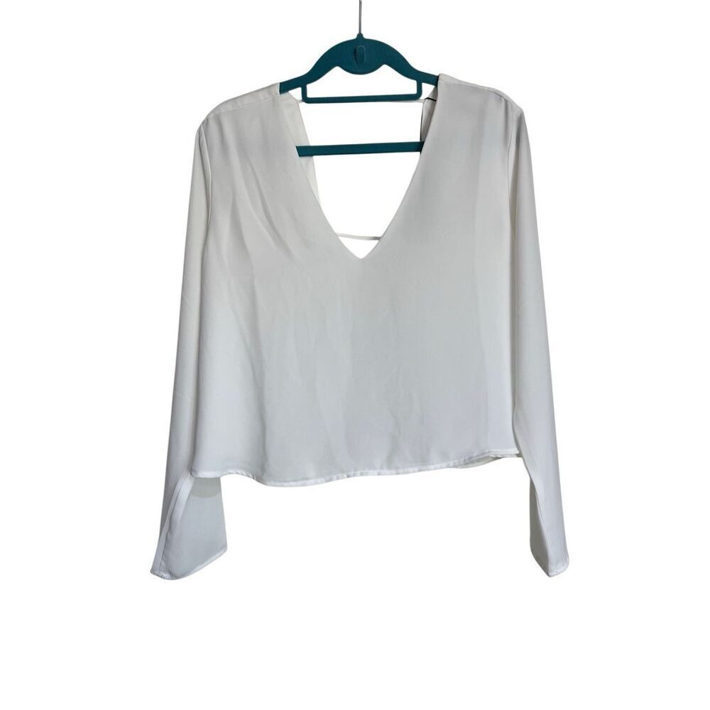 Revolve Krisa Blouse Womens XS Chiffon White Crop V-Neck Open Back Long Sleeve